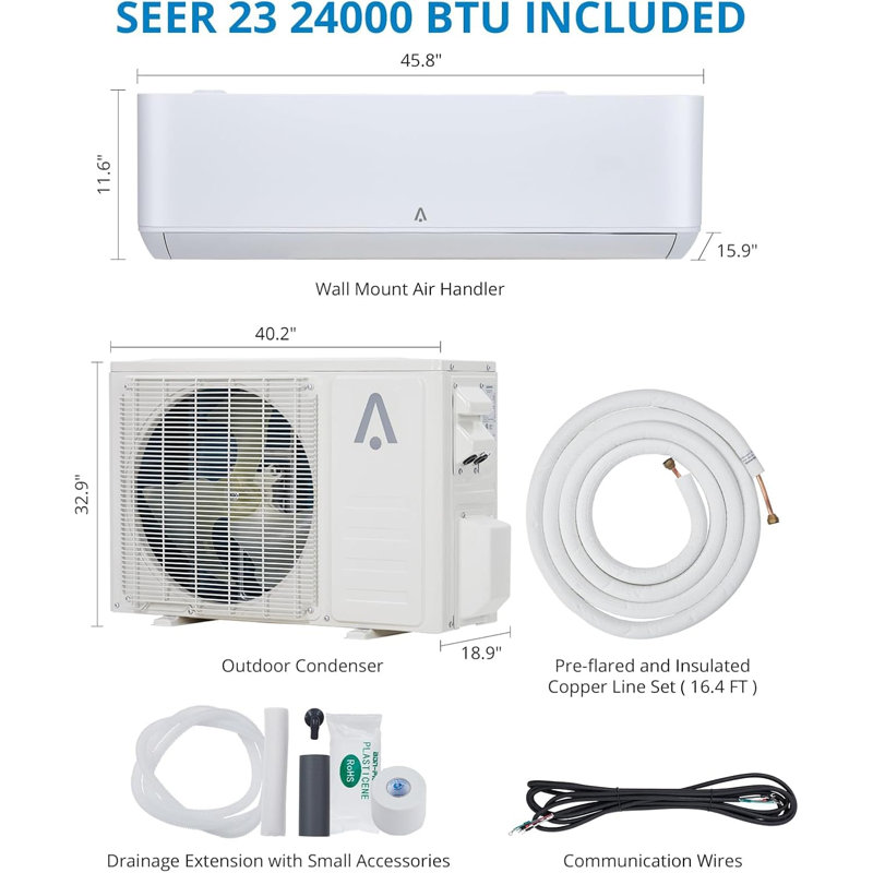 Mini climatiseur et thermopompe 24 000 BTU, inverseur 23 SEER, fixation murale, sans conduit, Wi-Fi intelligent, rafraîchit et chauffe jusqu'à 1500 pieds carrés. pi