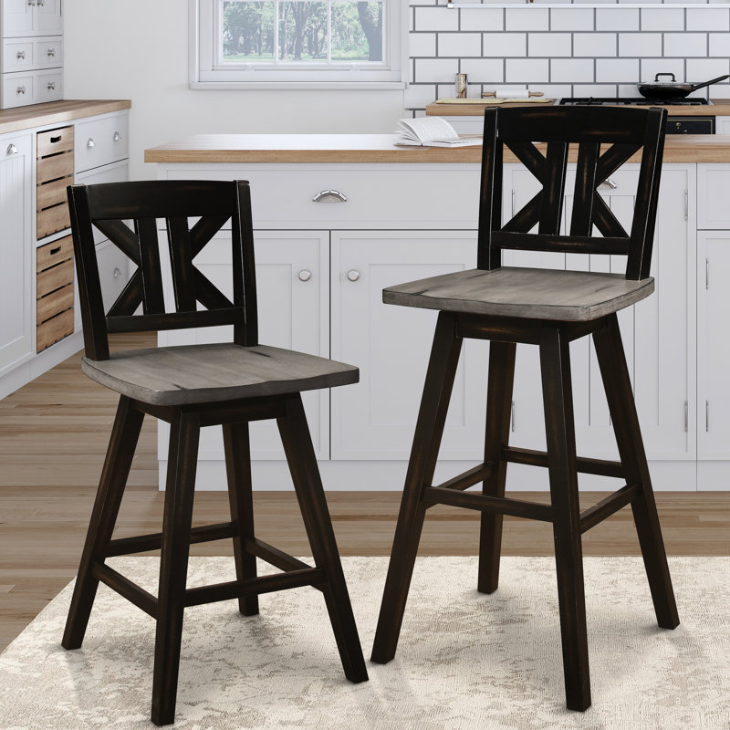 2 chaises de hauteur pub, en bois d'hévéa massif, noir et gris, pivotant à 360 degrés, divisées pour 2 chaises pivotantes, noir gris