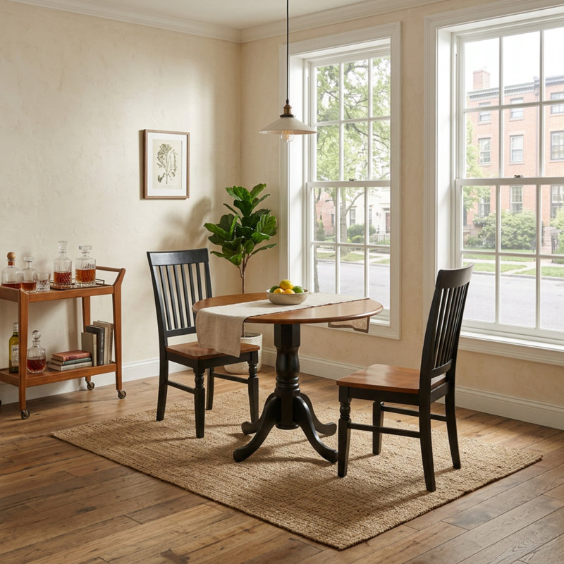 Ensemble de cuisine ronde 3 pièces en bois d'hévéa au fini cerisier noir avec chaises à dossier à lattes