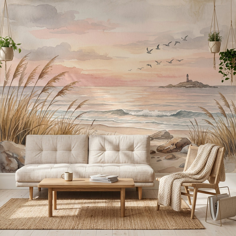 Papier peint bord de mer, décoration murale phare amovible, 100 po x 96 po, Texturé non collé