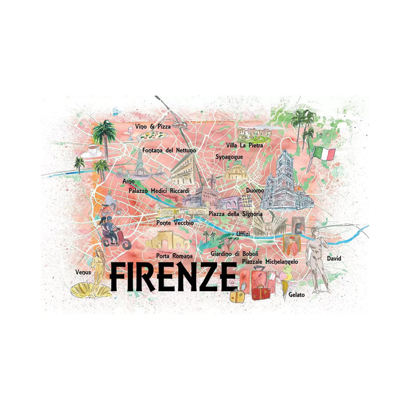 Florence, Italie, carte illustrée avec des points de repères et des points forts par Markus et Martina Bleichner - Estampe numérique sur toile tendue avec châssis
