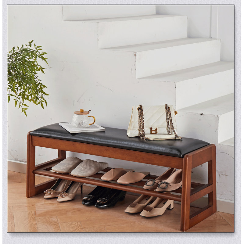 Tabouret à chaussures en bois de 40 pouces avec coussins en polyuréthane, étagère à 2 couches, boîtes de rangement et conception durable pour divers espaces domestiques