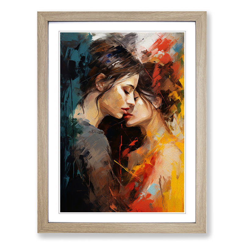 Two Women In Love Gestural No.2 - Single Picture Frame Print on Wood, 34cm H x 25cm W, Oak Framed