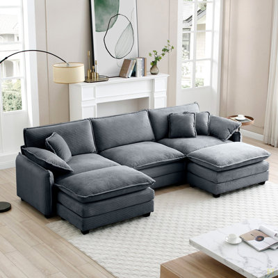 Oversized Modular Cushioned Sofa With Conversible Ottoman, 3-Seater Sofa With 2 Footstools, U Shape Sofa In Corduroy Fabric