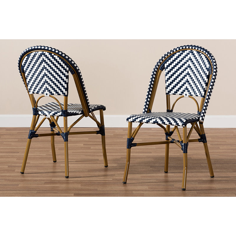 Chaise de patio empilable en bambou Marcell, Bleu / Blanc