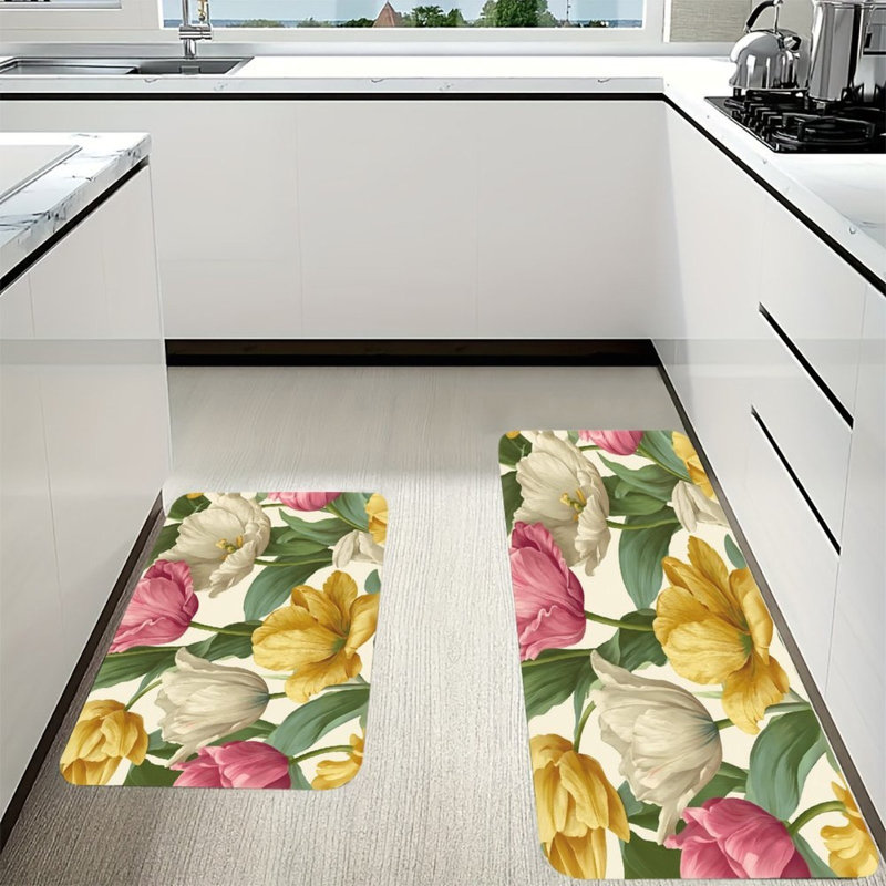 Tapis de cuisine antidérapant à motif floral tulipe, 2 pièces