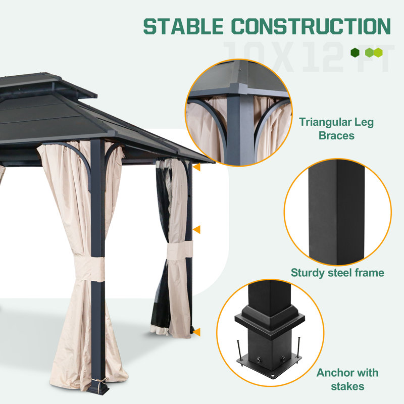 12 pi. L 10 pi. D Pavillon de jardin en métal avec filets à fermeture à glissière sur 4 côtés et rideaux beige clair