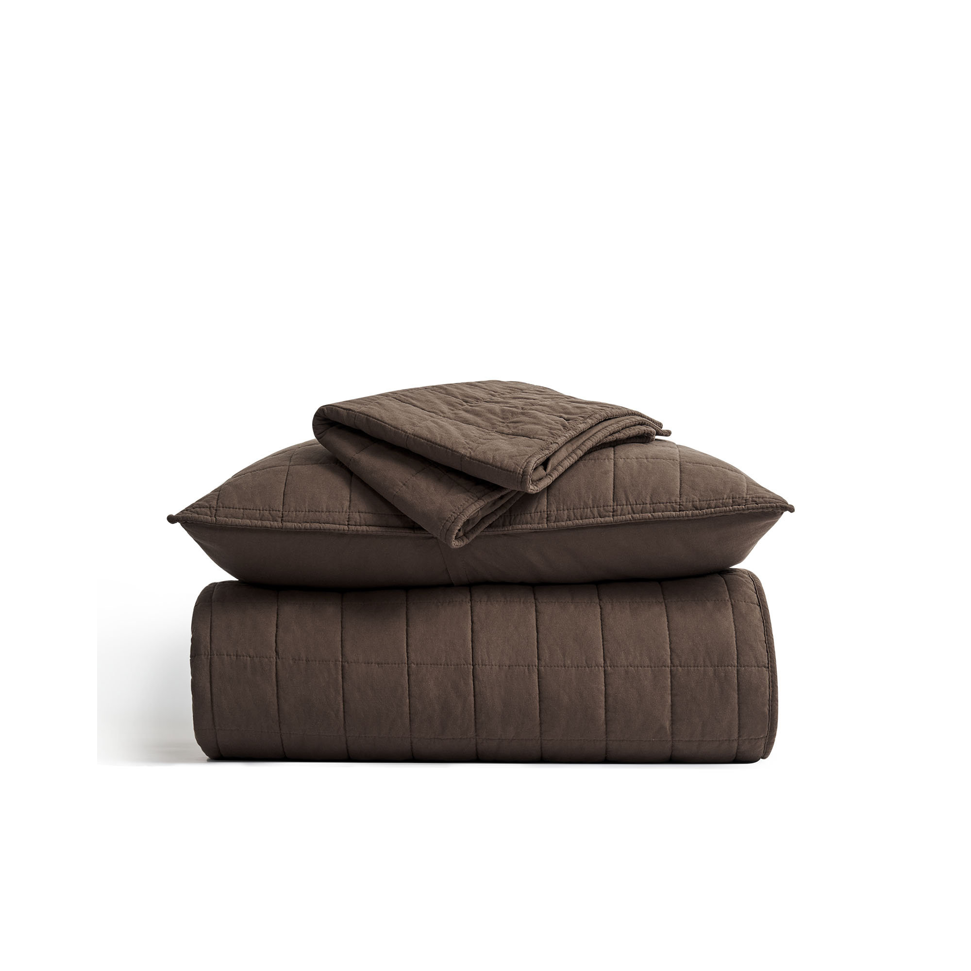 100% Cotton Box Stitch Quilt Set, Cocoa Brown, King Quilt + 2 King Shams