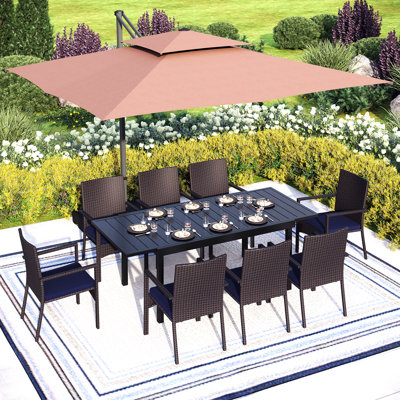 Rectangular 8 - Person 84'' Long Dining Set with Cushions and Umbrella