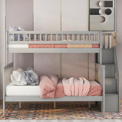 Twin Over Full Stairway Bunk Bed With Storage, Gray, Space-Saving And Versatile For Modern Bedrooms And Dorms