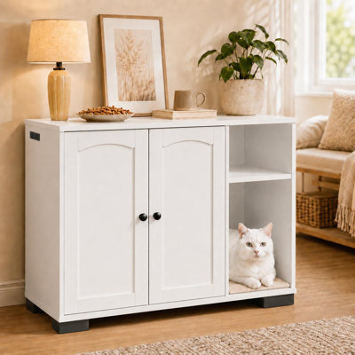 Enceinte pour litière pour chat, grande maison pour chat pour bac à litière autonettoyant, armoire pour chat avec prise latérale et cordon d'alimentation de 5 pi, cadre en arche, blanc