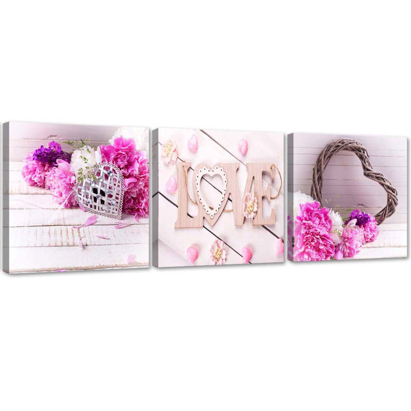 Pink Flower Love Inscription - 3 Piece No Frame Print on Canvas, 50cm H x 150cm W