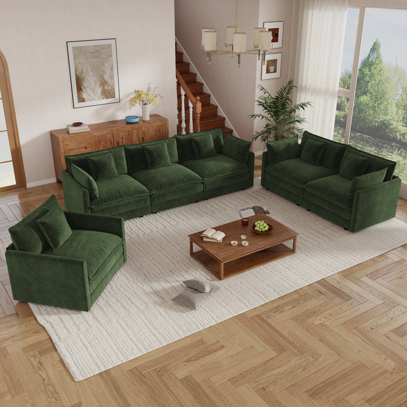 Ensemble de salon, canapé en chenille, ensemble de canapé modulaire 3 pièces pour le salon, Vert