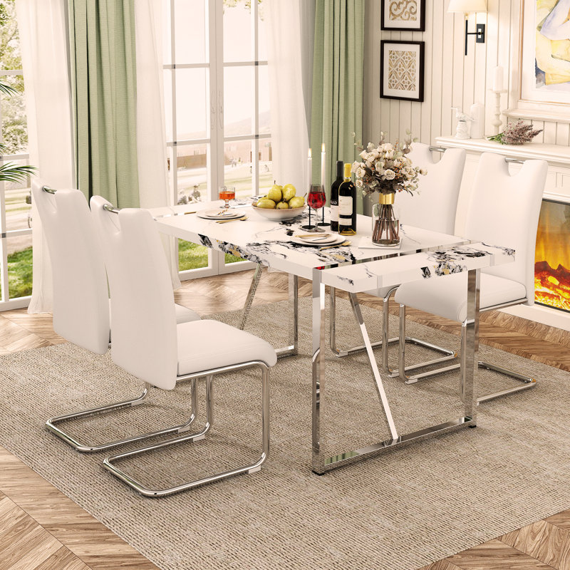 Ensemble de 5 chaises de table de salle à manger, ensemble de table de salle à manger rectangulaire pour 4 personnes, table de salle à manger moderne avec 4 chaises en cuir synthétique, blanc