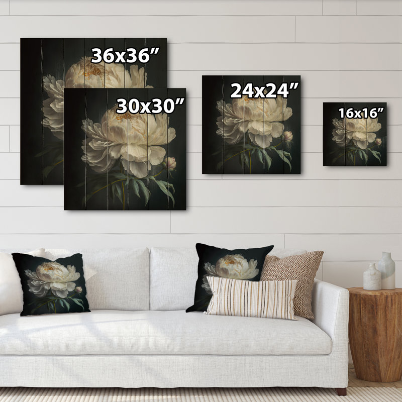 Blooming White Peony V - Art mural en bois pivoine florale - Bois de pin naturel, L 24 po x H 24 po