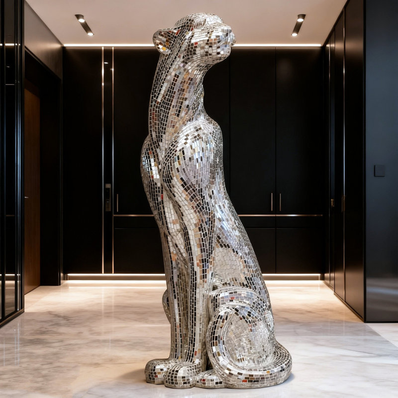 Statue en cristal Jaguar - Sculpture droite, Argent