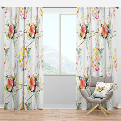 Orange Rose Flower Retro Pattern - Mid-Century Velvet Curtain - Room darkening - 1 panel