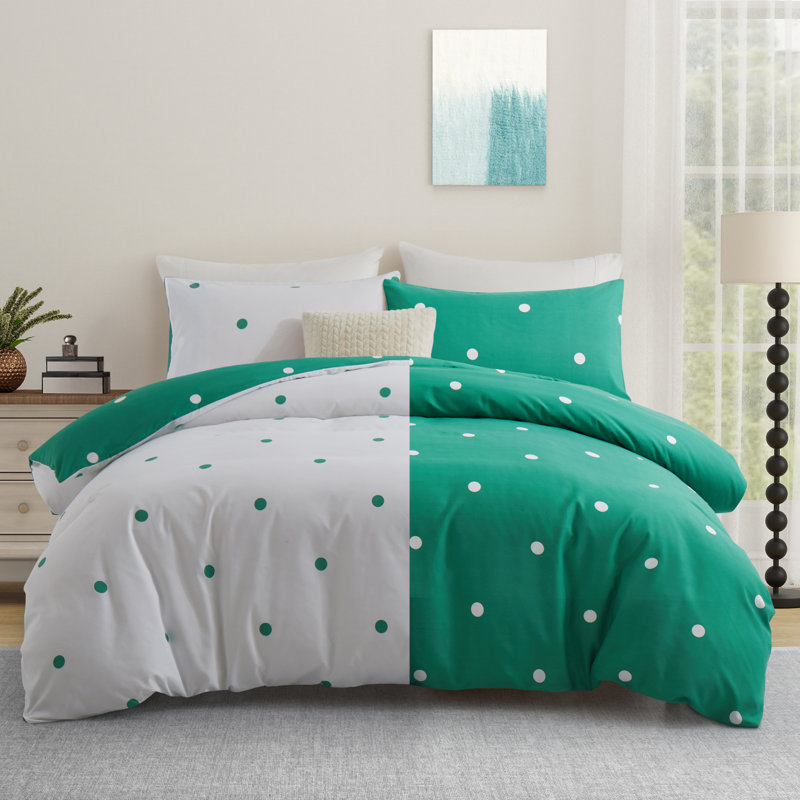 Haffa Microfiber Duvet Cover Set with Pillowcases, Single Duvet Cover + 1 Standard Pillowcase, Green/White Doted