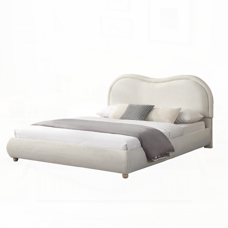 Structure de lit plateforme tapissier avec tête de lit arrondie à coins arrondis, Grand lit, Beige