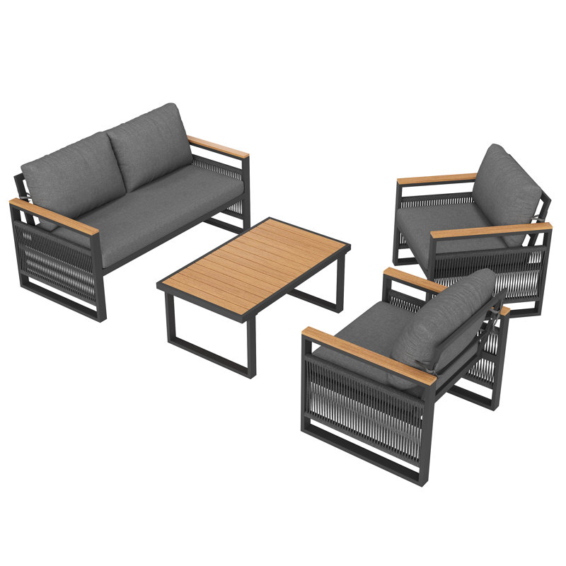 Outdoor Patio Set With Plastic Wood Table & Hand-woven Rope, 4 Pieces