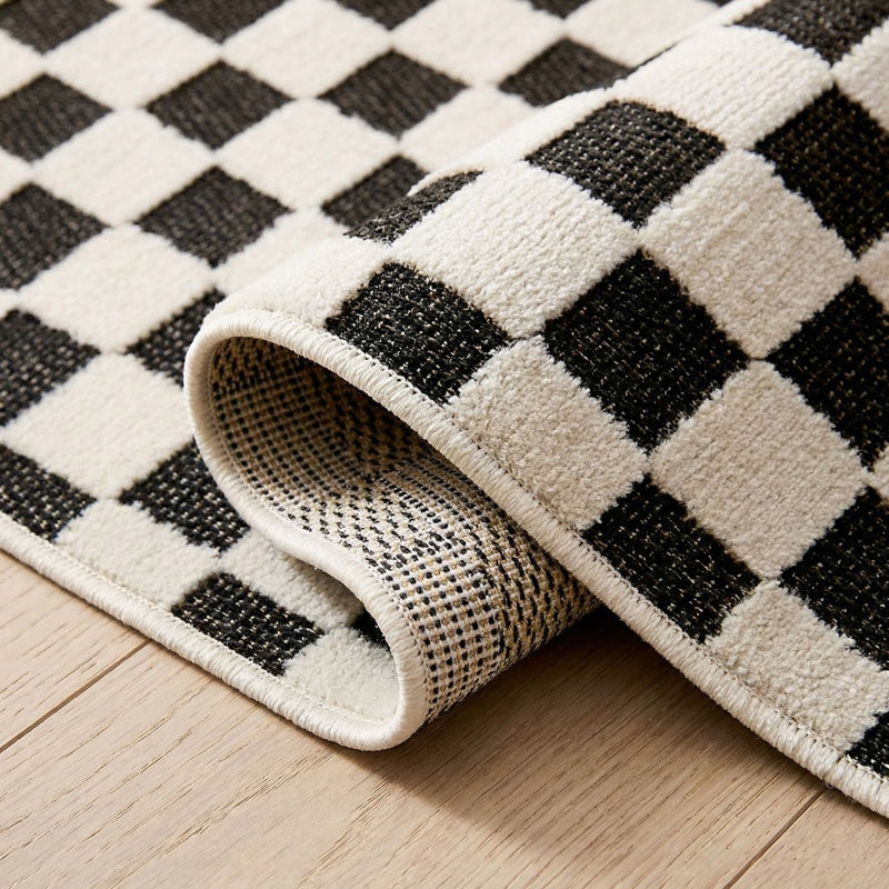 Tapis d'entrée à damier noir / blanc 3 pi x 5 pi (2 pi 7 po x 4 pi 11 po) Branch Branch Rocky, tapis d'entrée contemporain, à poils courts et résistant aux taches