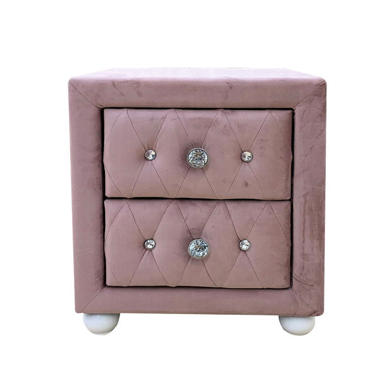 Table de chevet rembourrée rose 2 - Structure en bois tropical, poignées, pieds blancs avec 2 tiroirs à l'intérieur, poignées