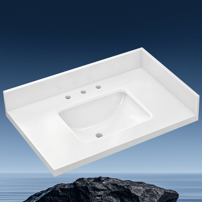36 po X P 22 po D Comptoir de salle de bain rectangulaire en quartz blanc avec comptoir simple en céramique Dosseret et dosseret en H, 3 trous de robinet pré-percés