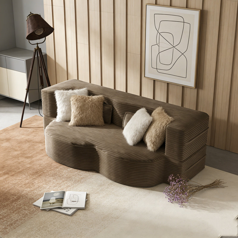 Modern Floor Sofa with 2 Pillows, Corduroy, Coffee