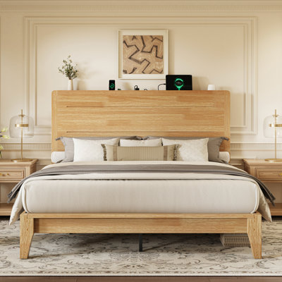 Solid Wood Platform Bed With Charging Station, Pine