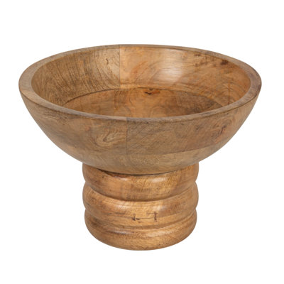Round Carved Mango Wood Footed Bowl