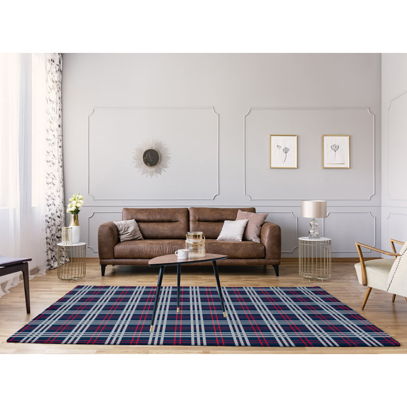 Tapis décoratif bleu marine fait à la main à motif écossais/rouge/gris, Rectangle 5 pi x 7 pi