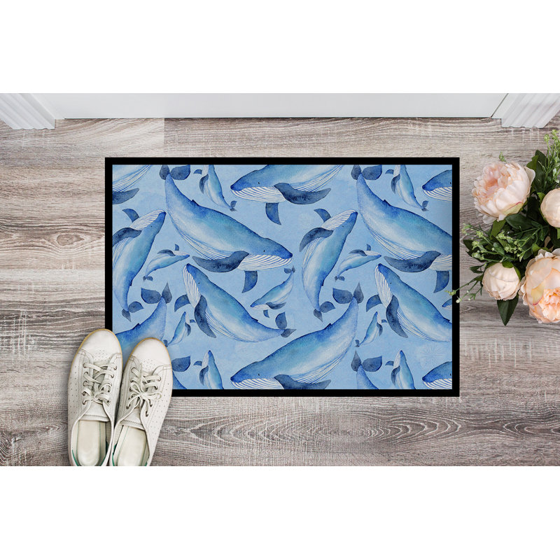 Tapis de porte pour l’extérieur antidérapant nautique à la baleine nautique Katelin, H 0,25 po x l 27 po x P 18 po