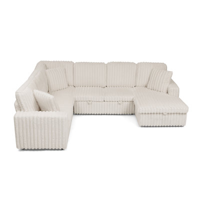 Corduroy Striped Upholstered Sofa, Modern U-Shape With Pull-Out Bed & Storage