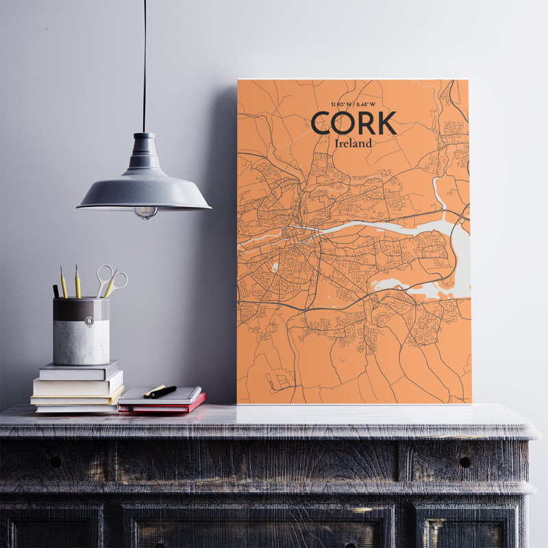 Cork City Map, impression, Orange et gris, H 27,6 po x l 19,7 po