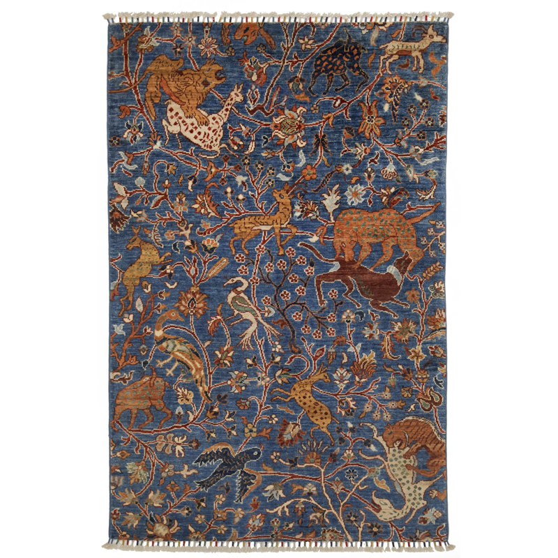 4x6 Blue and Multicolor Turkish Tribal Rug