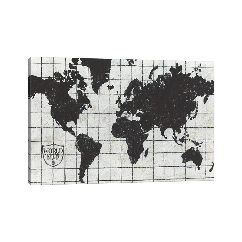 Black Gild World Map I Crest by Kathrine Lovell - 1 Piece Wrapped Canvas Wall Art, 66.04cm H x 101.6cm W