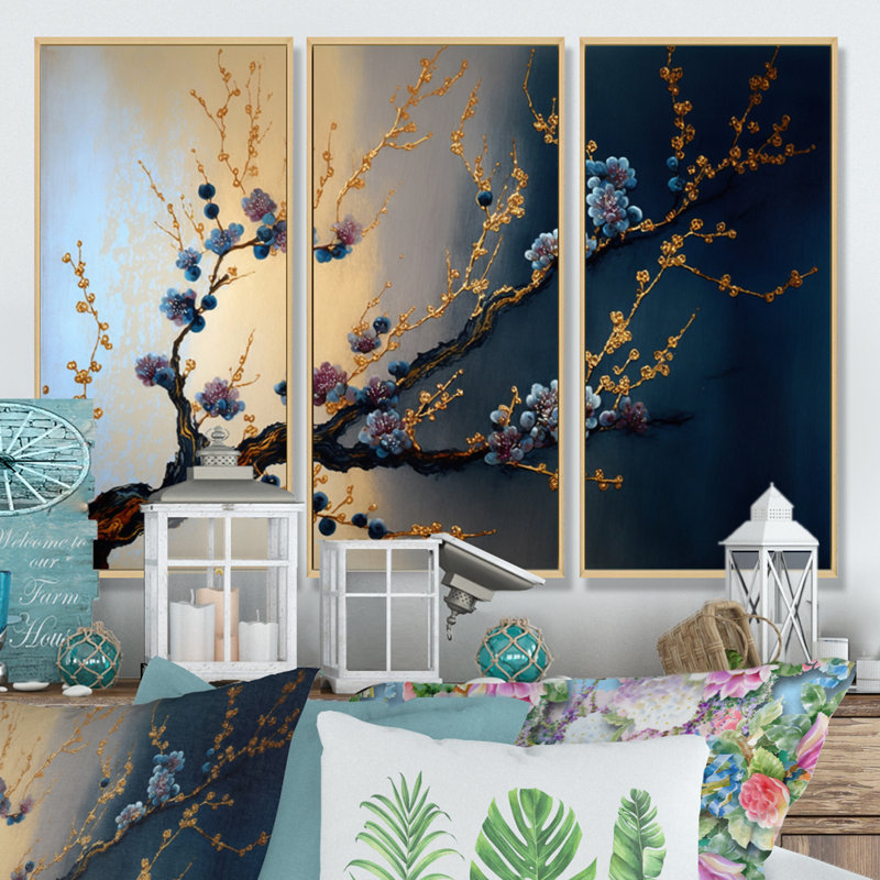 Blue Cherry Blossom Branch I - ensemble d'art mural moderne sur toile, Cadre flottant en érable, H 32 po x l 48 po