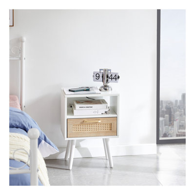 15.75" Rattan End Table With Power Outlet  & USB Ports , Modern Nightstand With Drawer And Solid Wood Legs, Side Table For Living Room, Bedroom, White