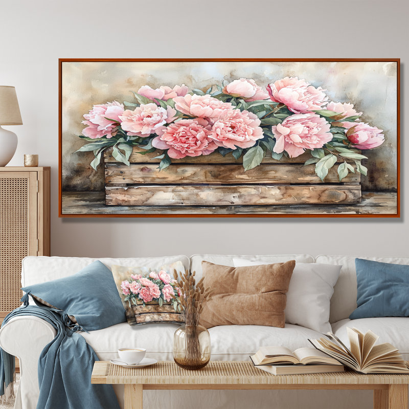 Jacarri Farmhouse Chic Bouquet I - pivoines, art mural, Brun, H 28 po x l 60 po, Impression encadrée flottante