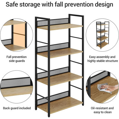 4-Tier Bookshelf – Tall Bookcase with Metal Frame & Wood Shelves, Industrial Storage for Bedroom Office
