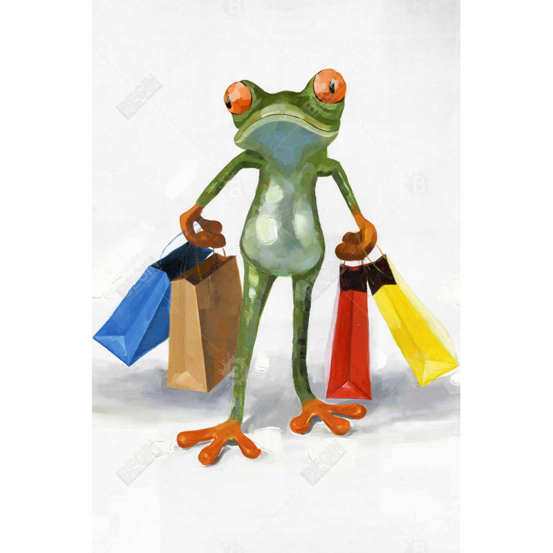 «Drôle de grenouille avec sacs à provisions», H 36 po x l 24 po