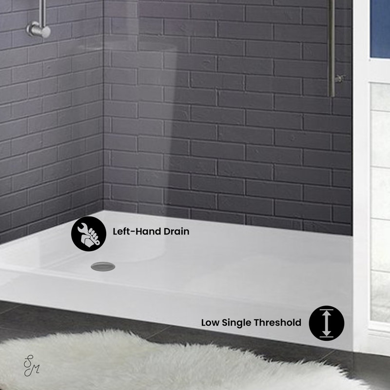 Voltaire 60" x 36" Acrylic White, Single-Threshold, Left-Hand Drain, Shower Base, Left, White