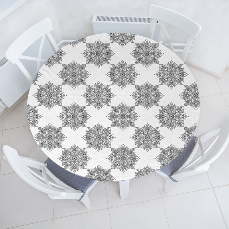 Ambesonne Ethnic Fitted Round Tablecloth Grey and White, 51.97" Round