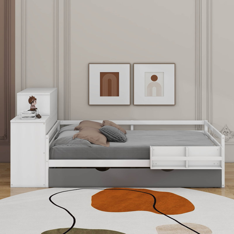 Lit plateforme simple en bois avec bibliothèque et garde-robe mobile, Blanc