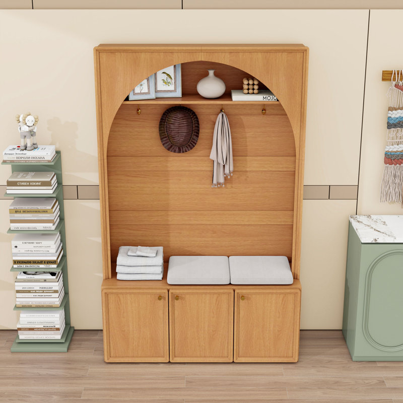 Chic Arched Mudroom Hall Tree with Adjustable Shelves and Hooks, Natural
