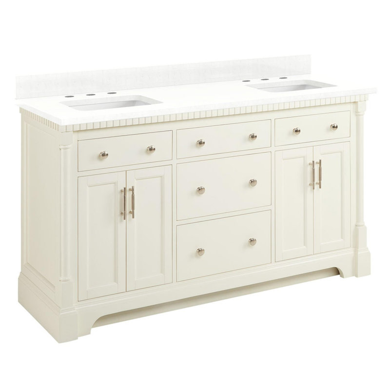 Claudia 60" Mahogany Double Basin Vanity Set with Cabinet, Vanity Top, White, 8" Widespread, Feathered White Quartz