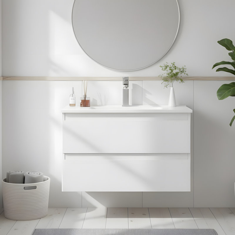 Meuble-lavabo mural intégré en céramique, Blanc