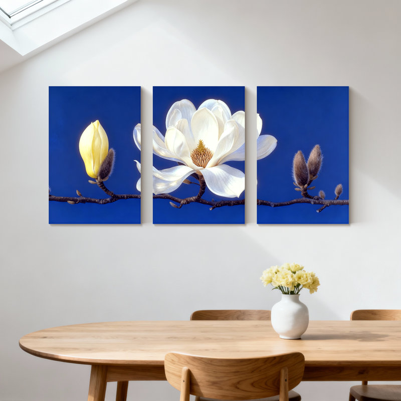 Magnolia Magnolia Bloom sur fond bleu, ensemble de 3 impressions sur toile, H 30 po x l 60 po