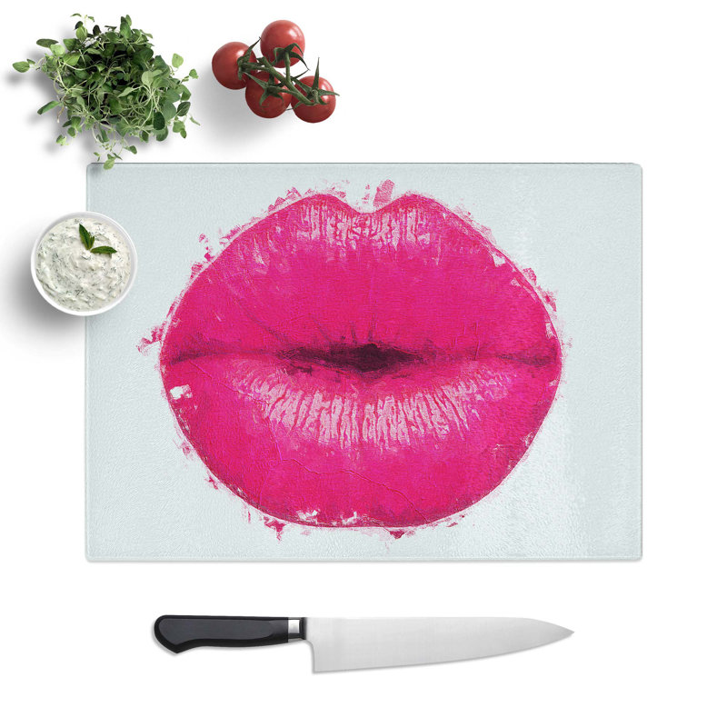 Glass Hot Pink Lips in Abstract Chopping Board, 39 cm W x 28.5 cm L