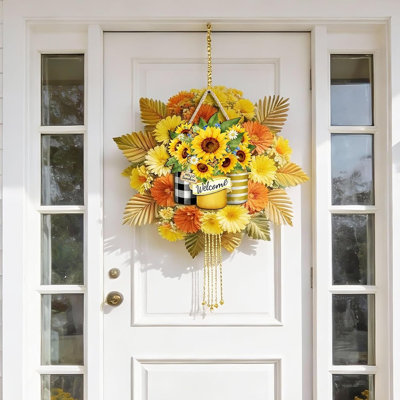 Sunflower Welcome Door Hanger – Farmhouse Mason Jar Style Wooden Sign For Spring And Summer Front Door, Porch, And Entryway Decor